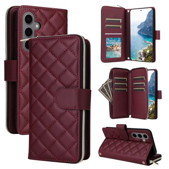 For Samsung Galaxy S24+ 5G Crossbody Rhombic Zipper Tower Buckle Leather Phone Case with Lanyard(Wine Red)