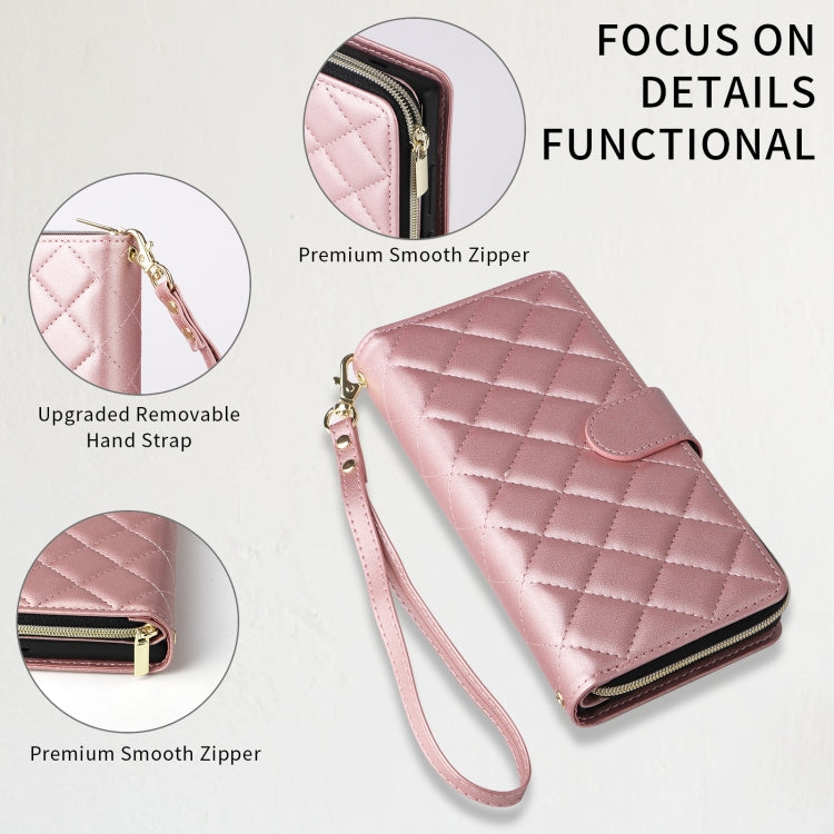 For Samsung Galaxy S24+ 5G Crossbody Rhombic Zipper Tower Buckle Leather Phone Case with Lanyard(Rose Gold)