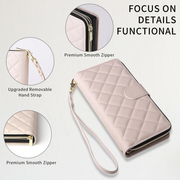 For Samsung Galaxy S24 Ultra 5G Crossbody Rhombic Zipper Tower Buckle Leather Phone Case with Lanyard(Beige)