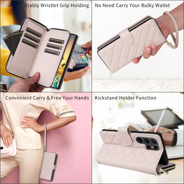 For Samsung Galaxy S24 Ultra 5G Crossbody Rhombic Zipper Tower Buckle Leather Phone Case with Lanyard(Beige)