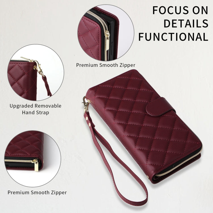 For Samsung Galaxy S24 Ultra 5G Crossbody Rhombic Zipper Tower Buckle Leather Phone Case with Lanyard(Wine Red)