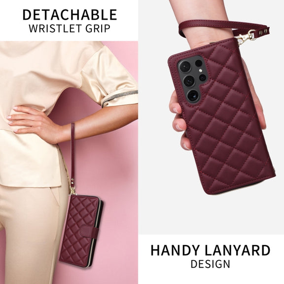 For Samsung Galaxy S24 Ultra 5G Crossbody Rhombic Zipper Tower Buckle Leather Phone Case with Lanyard(Wine Red)