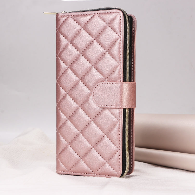 For Samsung Galaxy S24 Ultra 5G Crossbody Rhombic Zipper Tower Buckle Leather Phone Case with Lanyard(Rose Gold)