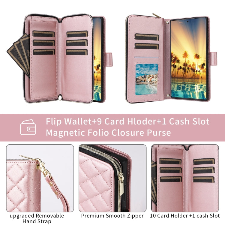 For Samsung Galaxy S24 Ultra 5G Crossbody Rhombic Zipper Tower Buckle Leather Phone Case with Lanyard(Rose Gold)