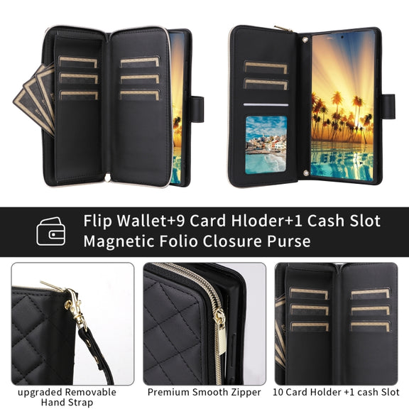 For Samsung Galaxy S24 Ultra 5G Crossbody Rhombic Zipper Tower Buckle Leather Phone Case with Lanyard(Black)