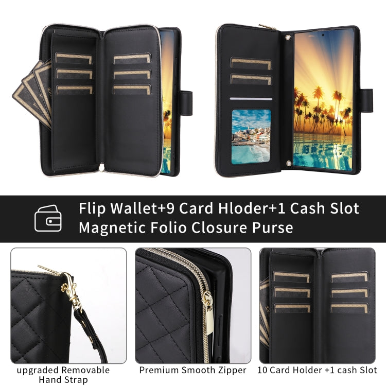 For Samsung Galaxy S24 Ultra 5G Crossbody Rhombic Zipper Tower Buckle Leather Phone Case with Lanyard(Black)