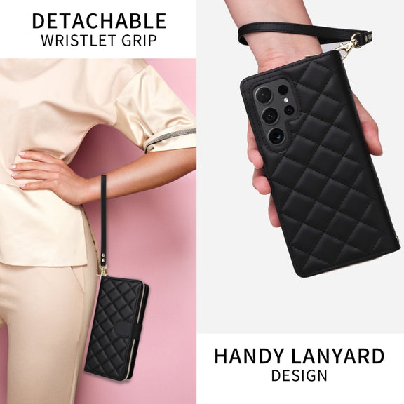 For Samsung Galaxy S24 Ultra 5G Crossbody Rhombic Zipper Tower Buckle Leather Phone Case with Lanyard(Black)