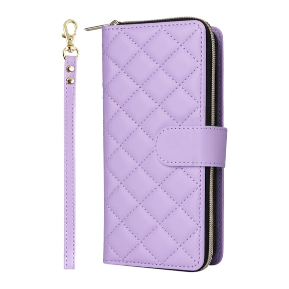 For Samsung Galaxy S24 FE 5G Crossbody Rhombic Zipper Tower Buckle Leather Phone Case with Lanyard(Purple)