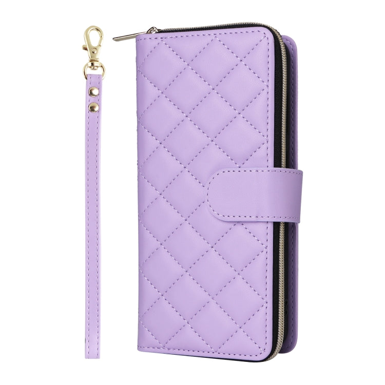 For Samsung Galaxy S24 FE 5G Crossbody Rhombic Zipper Tower Buckle Leather Phone Case with Lanyard(Purple)