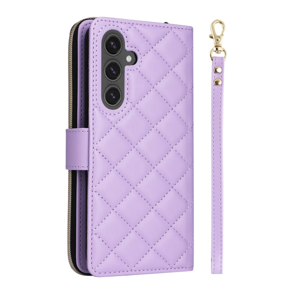 For Samsung Galaxy S24 FE 5G Crossbody Rhombic Zipper Tower Buckle Leather Phone Case with Lanyard(Purple)