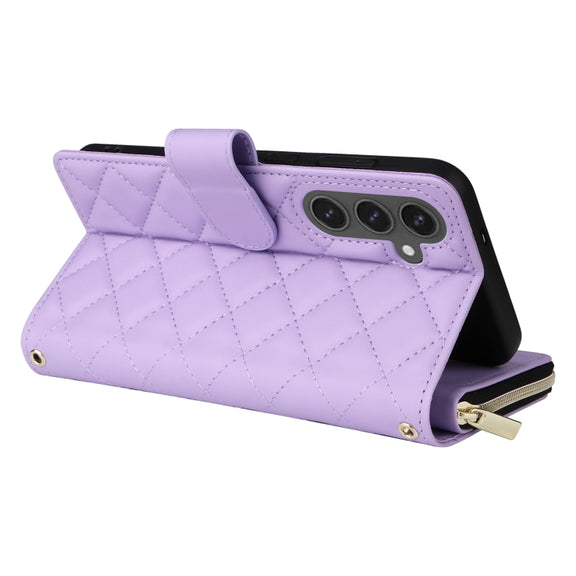 For Samsung Galaxy S24 FE 5G Crossbody Rhombic Zipper Tower Buckle Leather Phone Case with Lanyard(Purple)