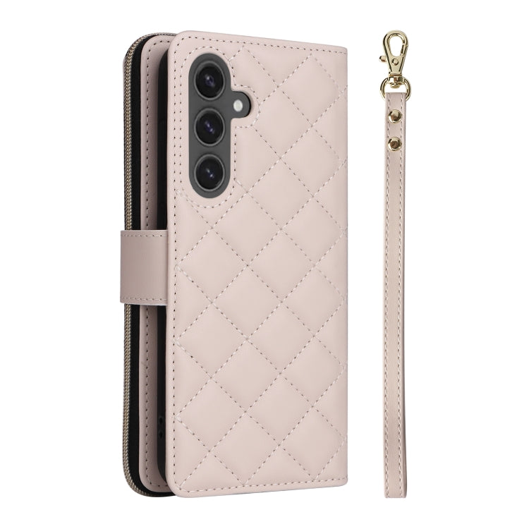 For Samsung Galaxy S24 FE 5G Crossbody Rhombic Zipper Tower Buckle Leather Phone Case with Lanyard(Beige)