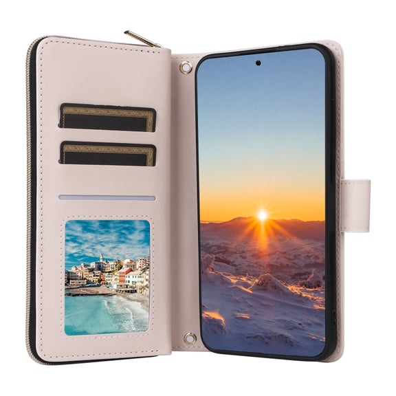 For Samsung Galaxy S24 FE 5G Crossbody Rhombic Zipper Tower Buckle Leather Phone Case with Lanyard(Beige)