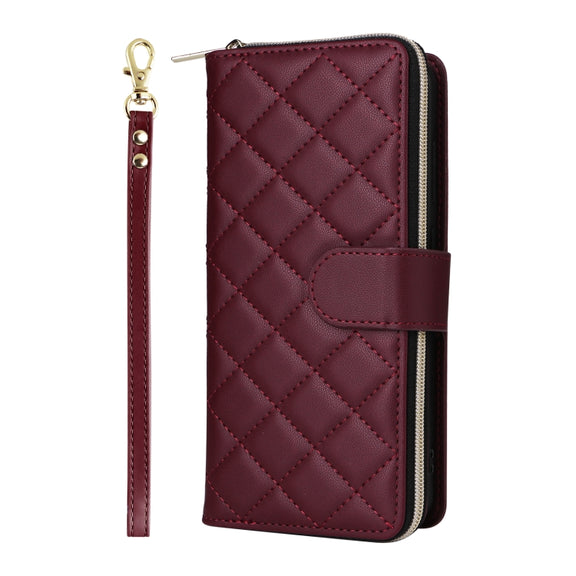 For Samsung Galaxy S24 FE 5G Crossbody Rhombic Zipper Tower Buckle Leather Phone Case with Lanyard(Wine Red)