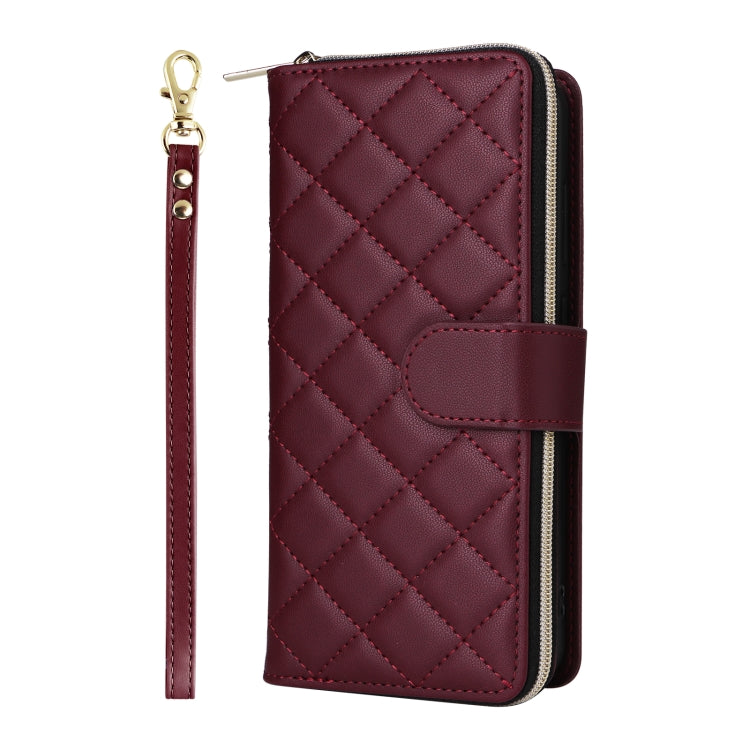 For Samsung Galaxy S24 FE 5G Crossbody Rhombic Zipper Tower Buckle Leather Phone Case with Lanyard(Wine Red)