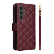 For Samsung Galaxy S24 FE 5G Crossbody Rhombic Zipper Tower Buckle Leather Phone Case with Lanyard(Wine Red)
