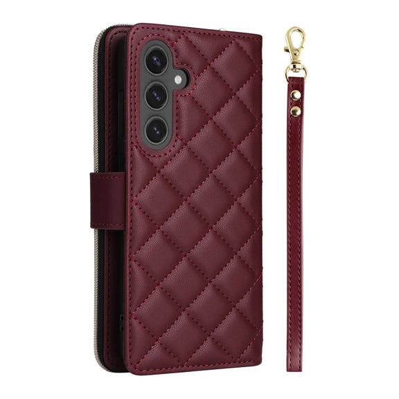 For Samsung Galaxy S24 FE 5G Crossbody Rhombic Zipper Tower Buckle Leather Phone Case with Lanyard(Wine Red)