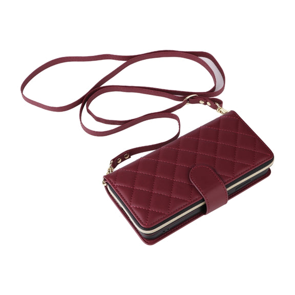 For Samsung Galaxy S24 FE 5G Crossbody Rhombic Zipper Tower Buckle Leather Phone Case with Lanyard(Wine Red)