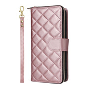 For Samsung Galaxy S24 FE 5G Crossbody Rhombic Zipper Tower Buckle Leather Phone Case with Lanyard(Rose Gold)