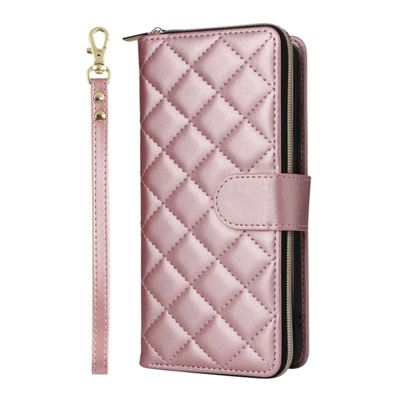 For Samsung Galaxy S24 FE 5G Crossbody Rhombic Zipper Tower Buckle Leather Phone Case with Lanyard(Rose Gold)