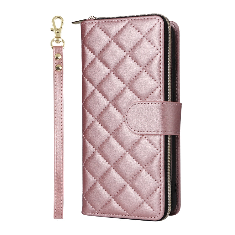 For Samsung Galaxy S24 FE 5G Crossbody Rhombic Zipper Tower Buckle Leather Phone Case with Lanyard(Rose Gold)