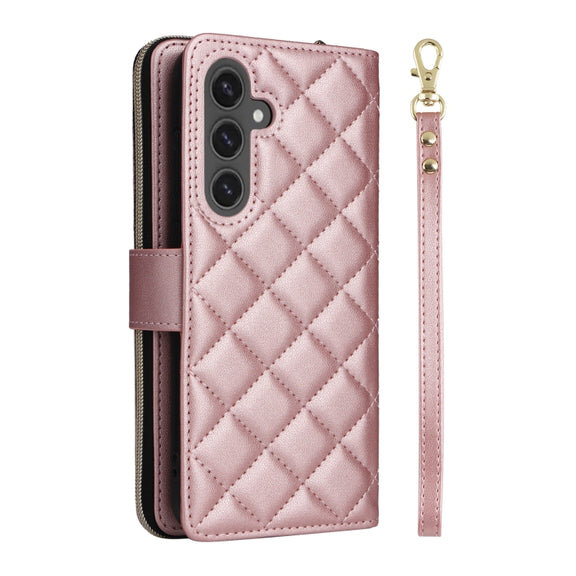 For Samsung Galaxy S24 FE 5G Crossbody Rhombic Zipper Tower Buckle Leather Phone Case with Lanyard(Rose Gold)