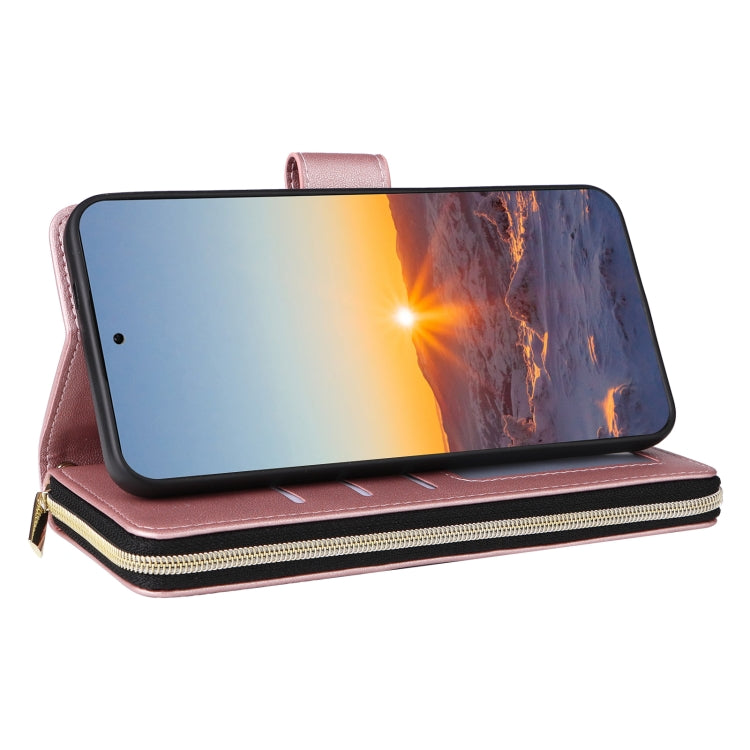 For Samsung Galaxy S24 FE 5G Crossbody Rhombic Zipper Tower Buckle Leather Phone Case with Lanyard(Rose Gold)