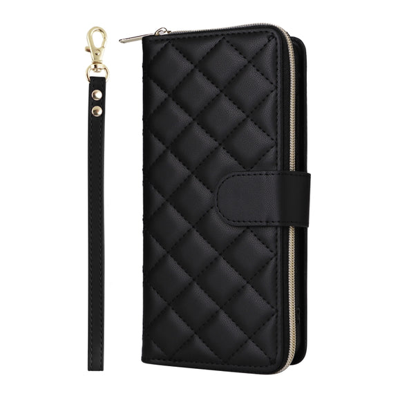For Samsung Galaxy S24 FE 5G Crossbody Rhombic Zipper Tower Buckle Leather Phone Case with Lanyard(Black)