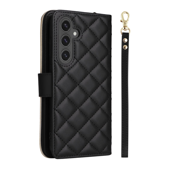 For Samsung Galaxy S24 FE 5G Crossbody Rhombic Zipper Tower Buckle Leather Phone Case with Lanyard(Black)