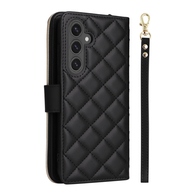 For Samsung Galaxy S24 FE 5G Crossbody Rhombic Zipper Tower Buckle Leather Phone Case with Lanyard(Black)