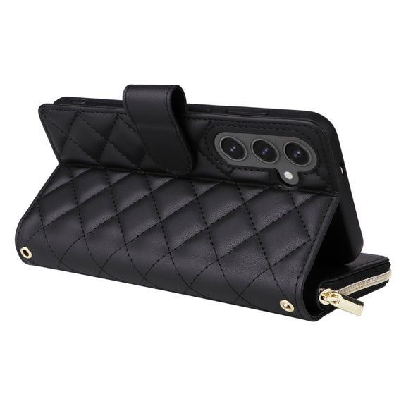 For Samsung Galaxy S24 FE 5G Crossbody Rhombic Zipper Tower Buckle Leather Phone Case with Lanyard(Black)