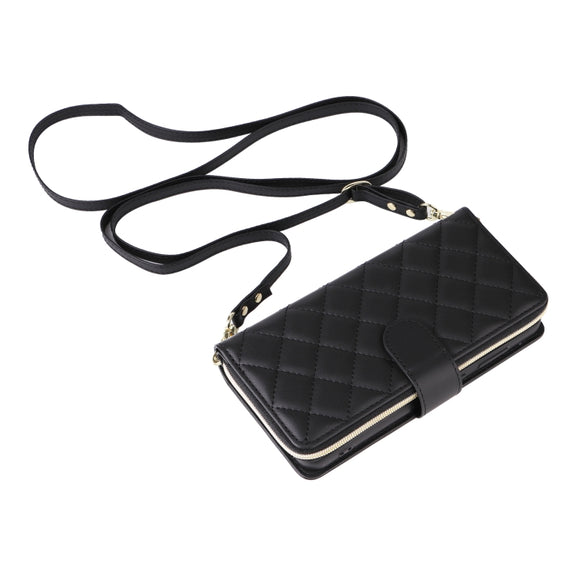 For Samsung Galaxy S24 FE 5G Crossbody Rhombic Zipper Tower Buckle Leather Phone Case with Lanyard(Black)