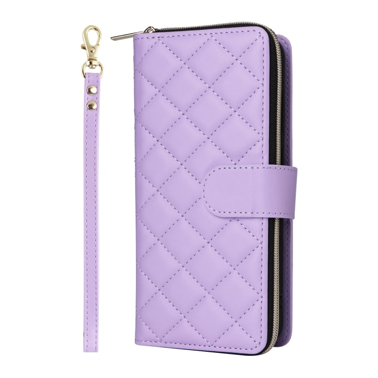 For Samsung Galaxy S25 5G Crossbody Rhombic Zipper Tower Buckle Leather Phone Case with Lanyard(Purple)