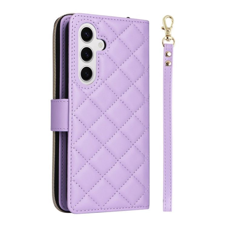 For Samsung Galaxy S25 5G Crossbody Rhombic Zipper Tower Buckle Leather Phone Case with Lanyard(Purple)