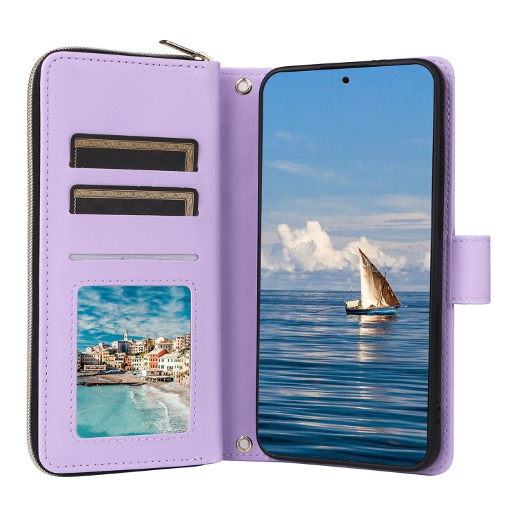 For Samsung Galaxy S25 5G Crossbody Rhombic Zipper Tower Buckle Leather Phone Case with Lanyard(Purple)