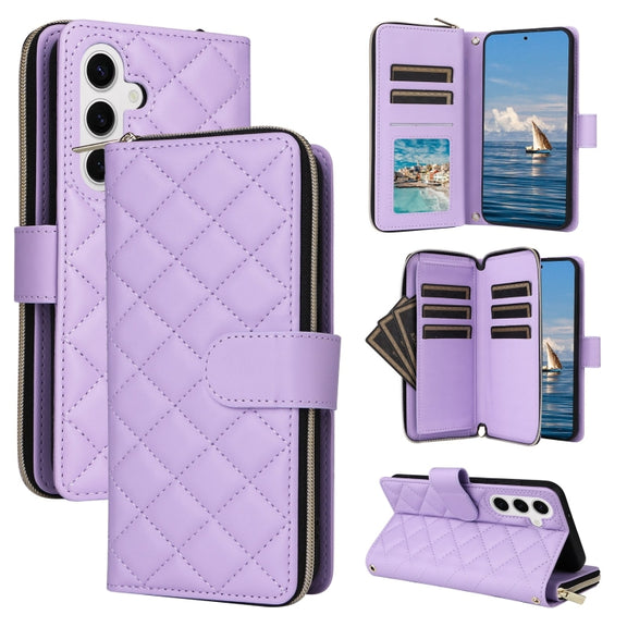 For Samsung Galaxy S25 5G Crossbody Rhombic Zipper Tower Buckle Leather Phone Case with Lanyard(Purple)