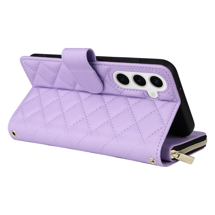 For Samsung Galaxy S25 5G Crossbody Rhombic Zipper Tower Buckle Leather Phone Case with Lanyard(Purple)
