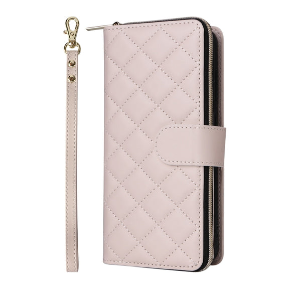 For Samsung Galaxy S25 5G Crossbody Rhombic Zipper Tower Buckle Leather Phone Case with Lanyard(Beige)