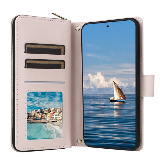 For Samsung Galaxy S25 5G Crossbody Rhombic Zipper Tower Buckle Leather Phone Case with Lanyard(Beige)