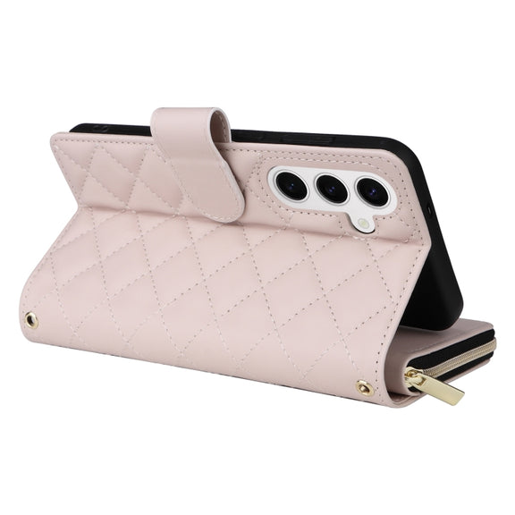 For Samsung Galaxy S25 5G Crossbody Rhombic Zipper Tower Buckle Leather Phone Case with Lanyard(Beige)