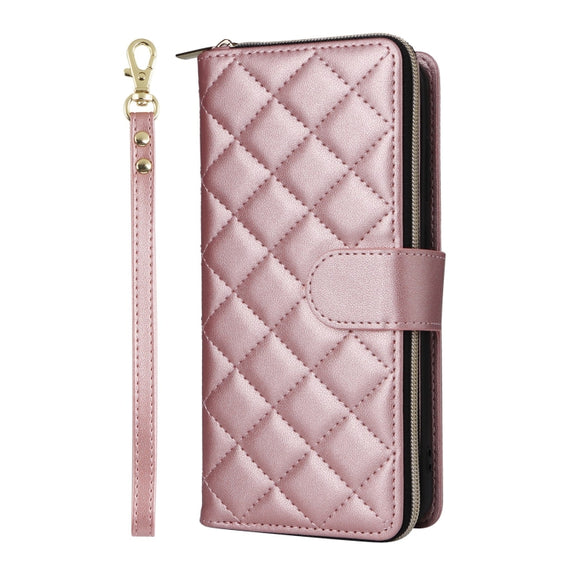 For Samsung Galaxy S25 5G Crossbody Rhombic Zipper Tower Buckle Leather Phone Case with Lanyard(Rose Gold)