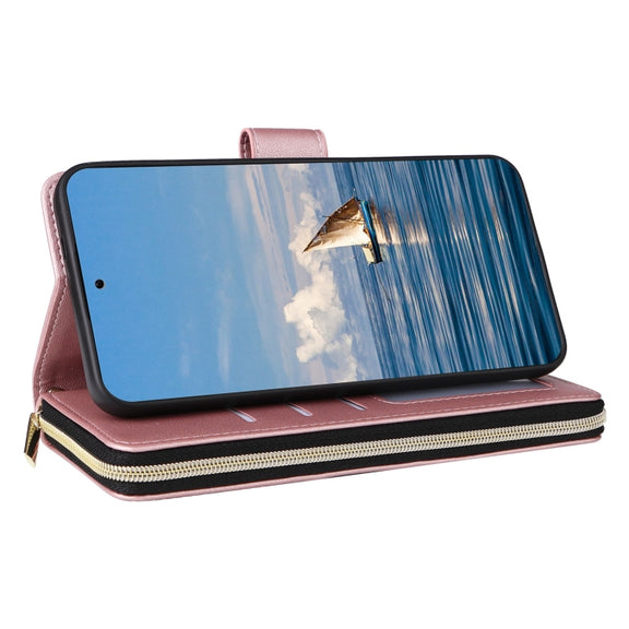 For Samsung Galaxy S25 5G Crossbody Rhombic Zipper Tower Buckle Leather Phone Case with Lanyard(Rose Gold)