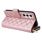 For Samsung Galaxy S25 5G Crossbody Rhombic Zipper Tower Buckle Leather Phone Case with Lanyard(Rose Gold)