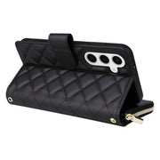 For Samsung Galaxy S25 5G Crossbody Rhombic Zipper Tower Buckle Leather Phone Case with Lanyard(Black)