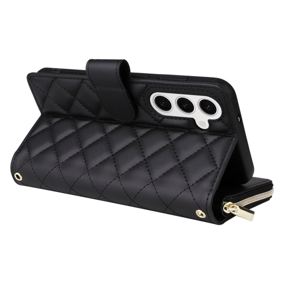 For Samsung Galaxy S25 5G Crossbody Rhombic Zipper Tower Buckle Leather Phone Case with Lanyard(Black)