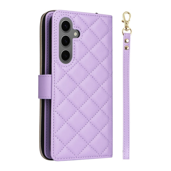 For Samsung Galaxy S25+ 5G Crossbody Rhombic Zipper Tower Buckle Leather Phone Case with Lanyard(Purple)