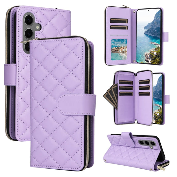 For Samsung Galaxy S25+ 5G Crossbody Rhombic Zipper Tower Buckle Leather Phone Case with Lanyard(Purple)