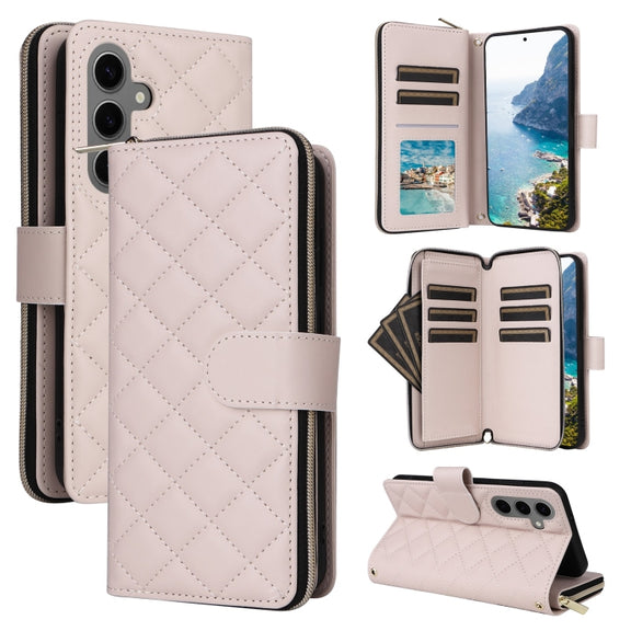 For Samsung Galaxy S25+ 5G Crossbody Rhombic Zipper Tower Buckle Leather Phone Case with Lanyard(Beige)