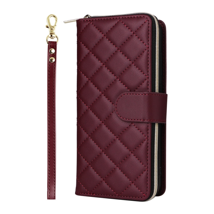 For Samsung Galaxy S25+ 5G Crossbody Rhombic Zipper Tower Buckle Leather Phone Case with Lanyard(Wine Red)