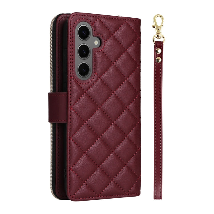 For Samsung Galaxy S25+ 5G Crossbody Rhombic Zipper Tower Buckle Leather Phone Case with Lanyard(Wine Red)